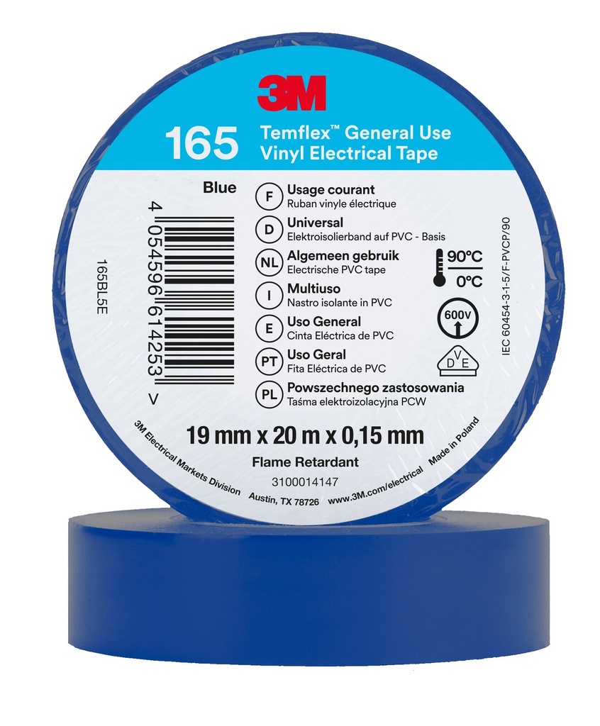 3M 6002144 Temflex -vinyylisähköteippi 165, Sininen, 19 mm x 20 m