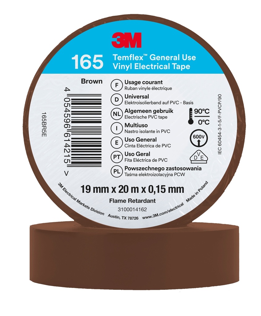 3M 6002145 Temflex -vinyylisähköteippi 165, Ruskea, 19 mm x 20 m