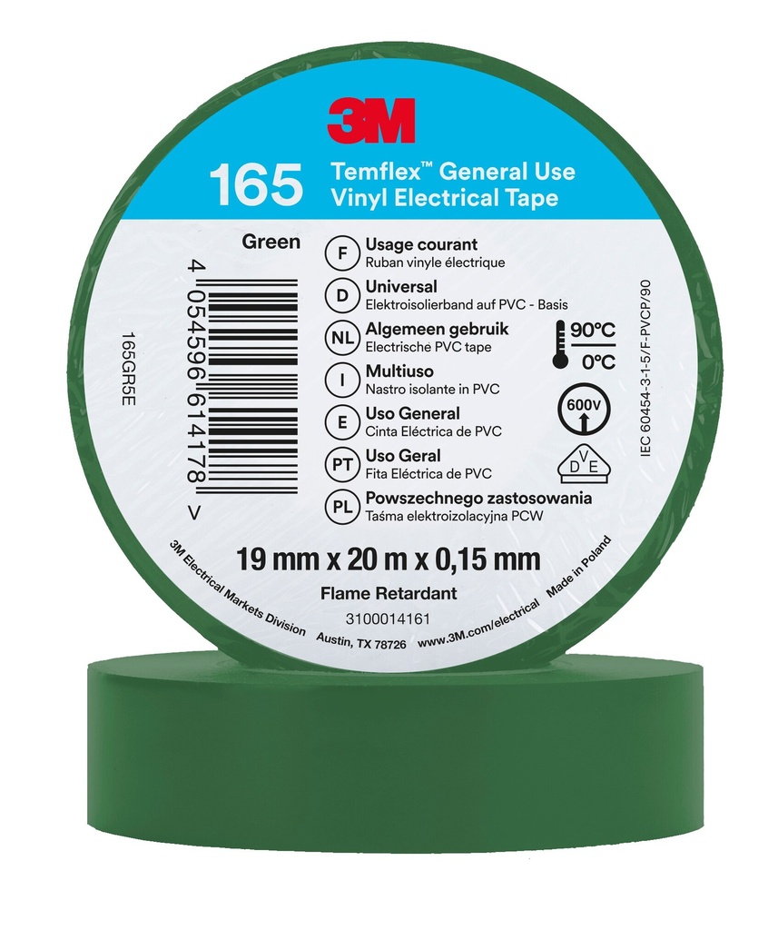 3M 6002146 Temflex -vinyylisähköteippi 165, Vihreä, 19 mm x 20 m