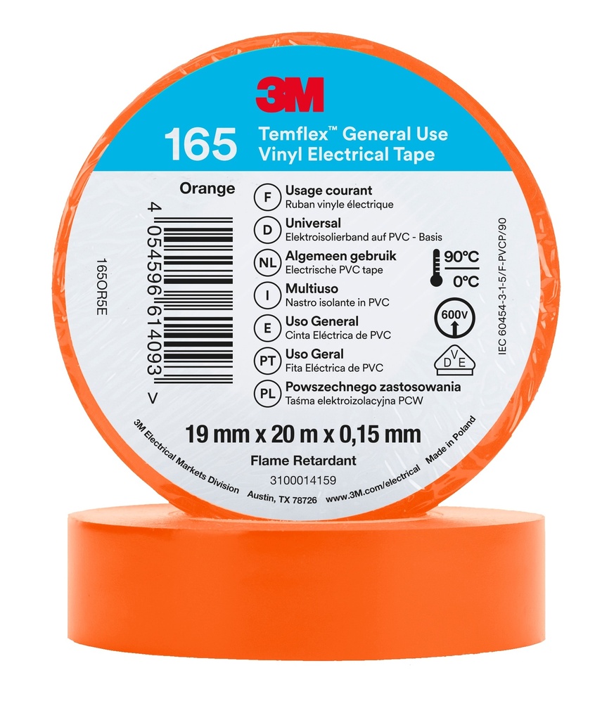 3M 6002148 Temflex -vinyylisähköteippi 165, Oranssi, 19 mm x 20 m