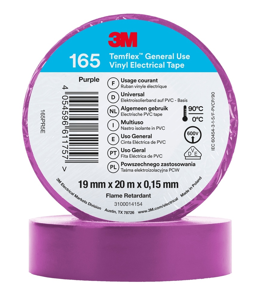 3M 6002149 Temflex -vinyylisähköteippi 165, Violetti, 19 mm x 20 m