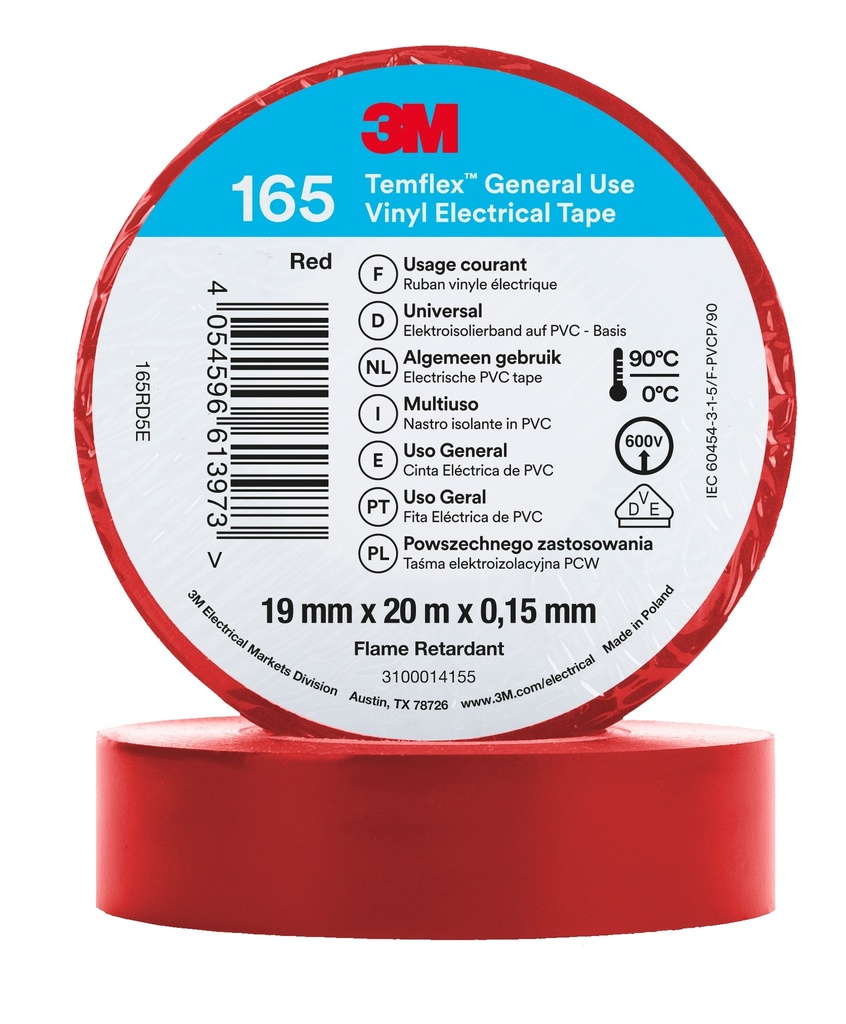 3M 6002150 Temflex -vinyylisähköteippi 165, Punainen, 19 mm x 20 m