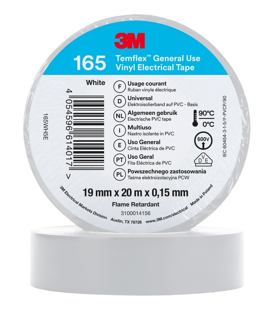 3M 6002151 Temflex -vinyylisähköteippi 165, Valkoinen, 19 mm x 20 m