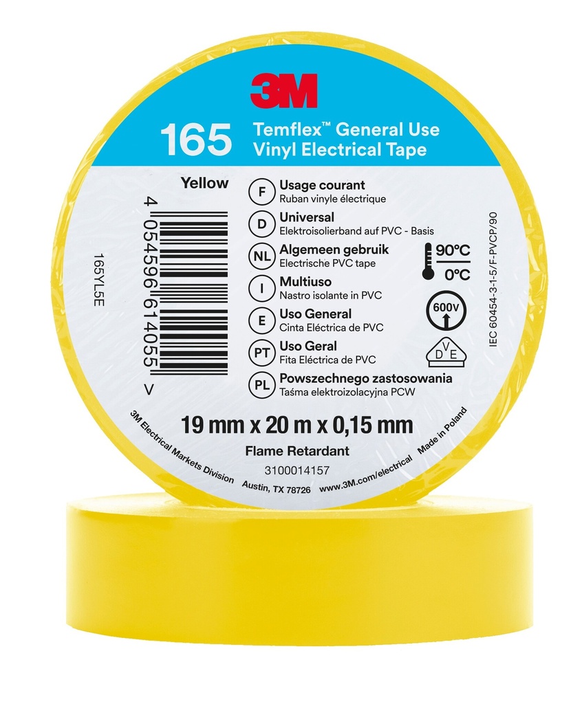 3M 6002152 Temflex -vinyylisähköteippi 165, Keltainen, 19 mm x 20 m