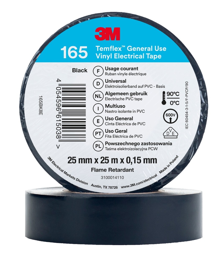 3M 6002153 Temflex -vinyylisähköteippi 165, Musta, 25 mm x 25 m