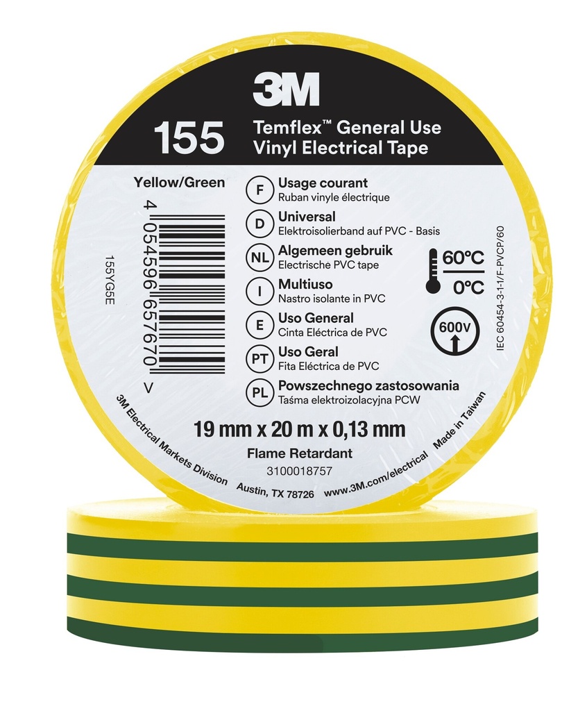 [7100222489] 3M 6002154 Temflex -vinyylisähköteippi 155, Vihreä/keltainen, 19 mm x 20 m