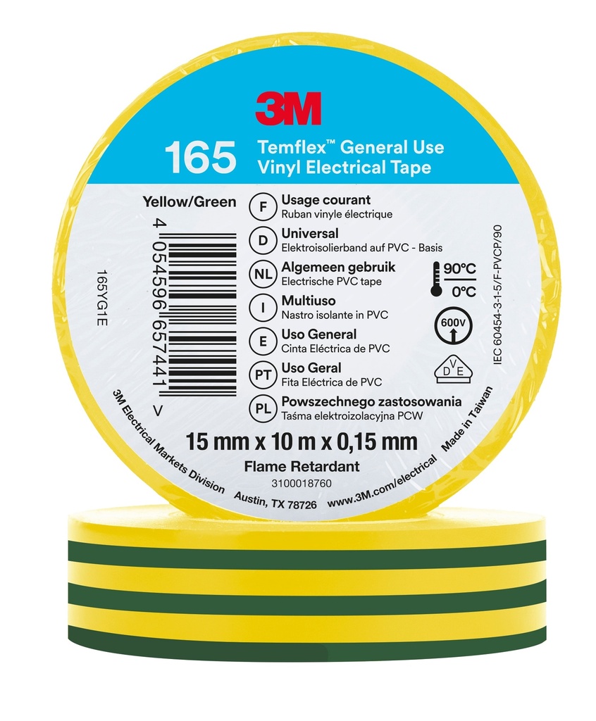 3M 6002155 Temflex -vinyylisähköteippi 165, Kelta/Vihreä, 15 mm x 10 m, 100 Rullaa/Laatikko