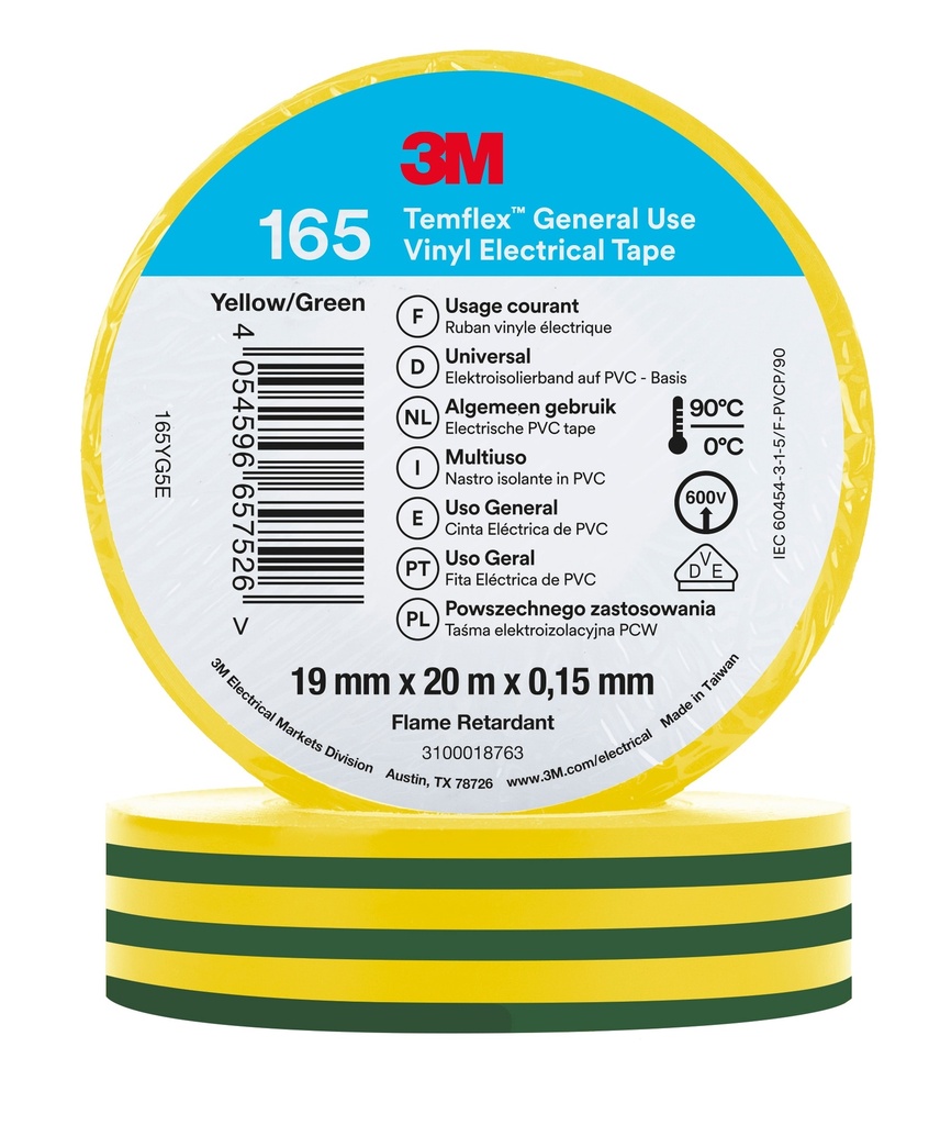 3M 6002156 Temflex vinyylisähköteippi 165, Kelta/Vihreä, 19 mm x 20 m