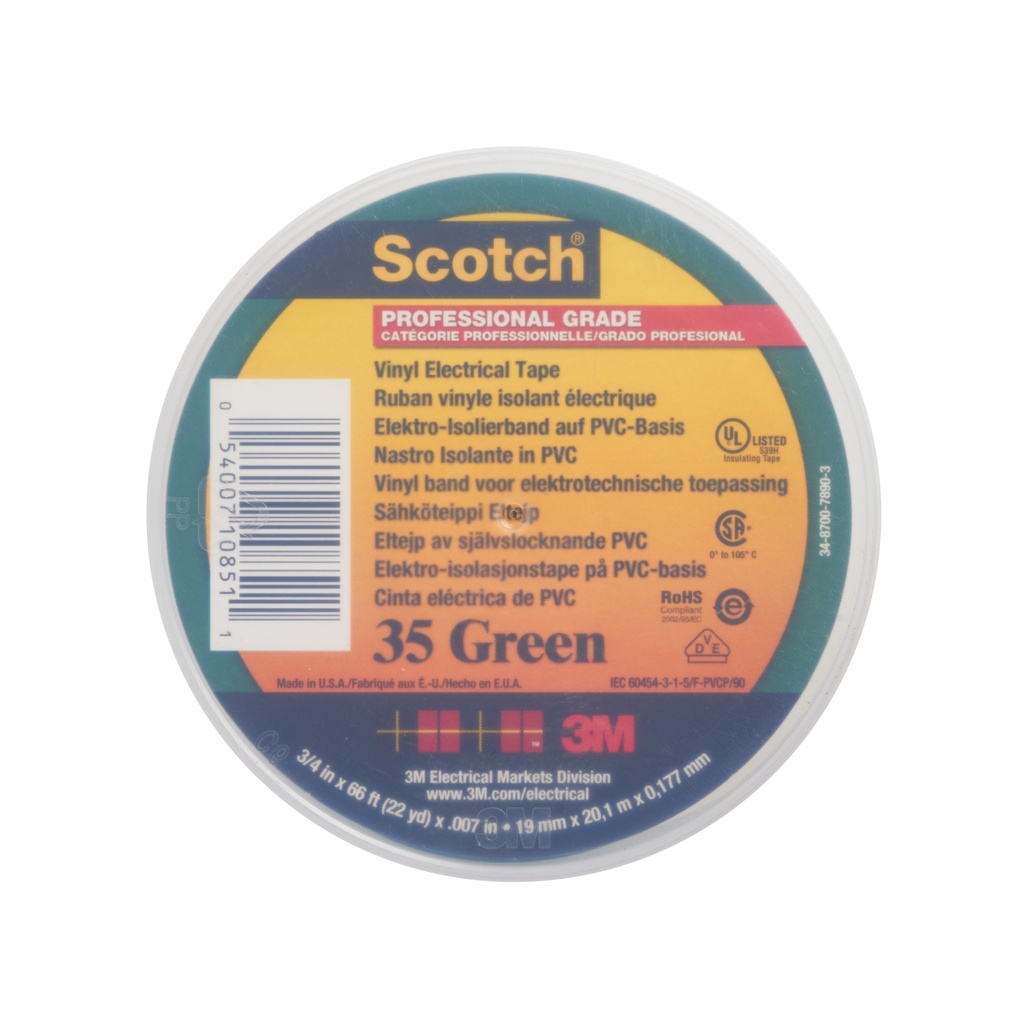 [7100238734] 3M Scotch® 35 Merkintä- ja eristeteippi Vihreä Palonkestävä 19mm x 20m, 0.18mm