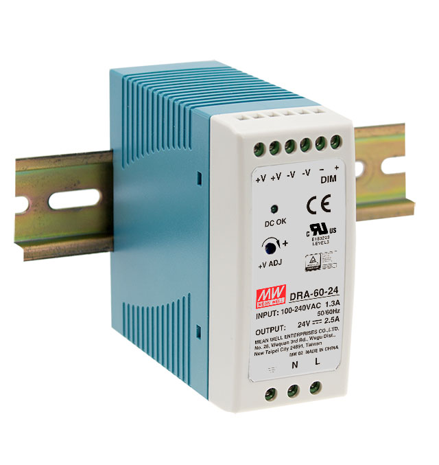 MEAN WELL DRA-60-24 - DIN Kisko Virtalähde Säädettävä 24V 2.5A 60W