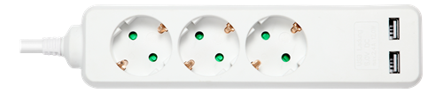 [GT-0310] DELTACO GT-0310 - Maadoitettu jatkojohto 2 x USB-A liitännällä 3 X CEE 7/3 1 X CEE 7/7 1,5m valkoinen