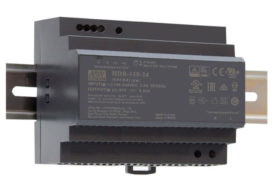 MEAN WELL HDR-150-24 - DIN Kisko "Slim" Virtalähde 24V 6.25A 150W