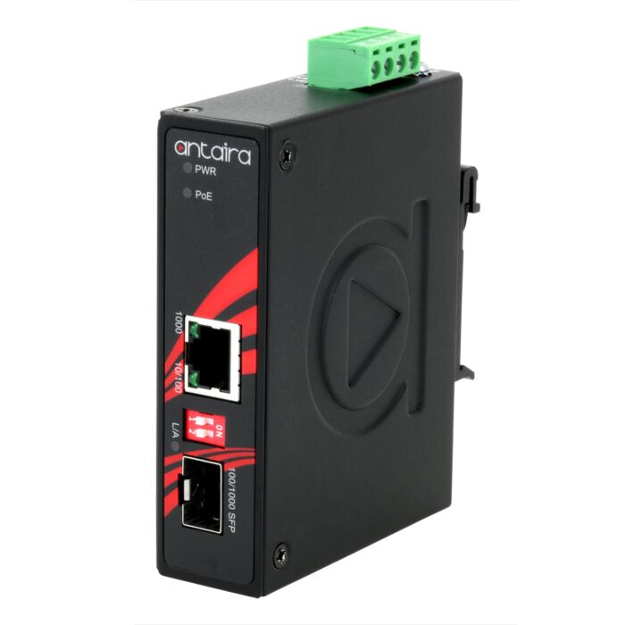 ANTAIRA IMP-C1000-SFP-T Teollisuus-PoE+-muunnin: 10/100/1000T(X) – 100/1000 SFP, -40 °C – 80 °C, kompakti, DIN