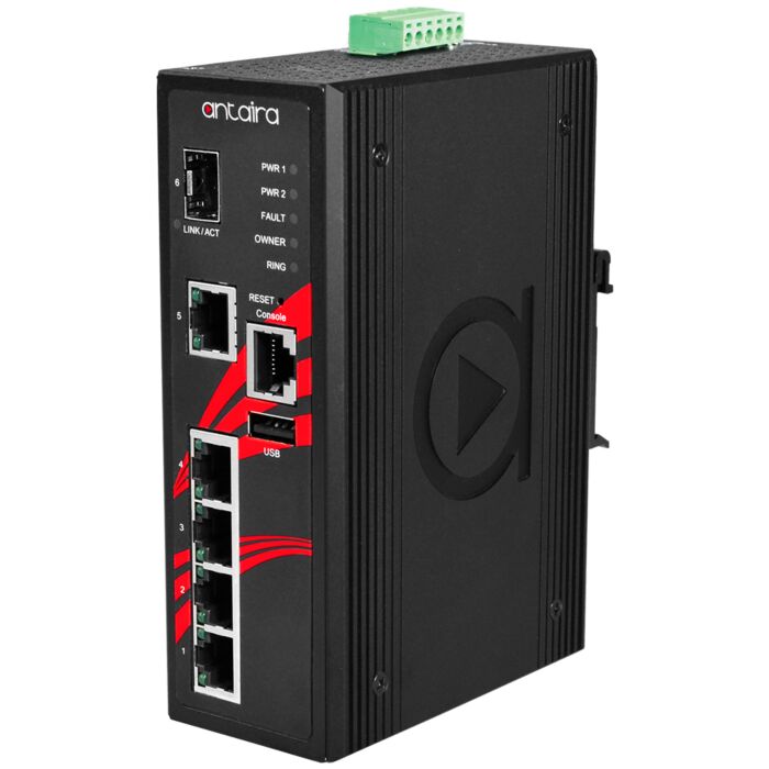 ANTAIRA LMP-0601G-SFP-T-V2 Kytkin: 4 x 10/100/1000BaseT(X) PoE+, 1 x 10/100/1000BaseT(x), 1 x SFP hallittavissa, DIN, 48–55 VDC