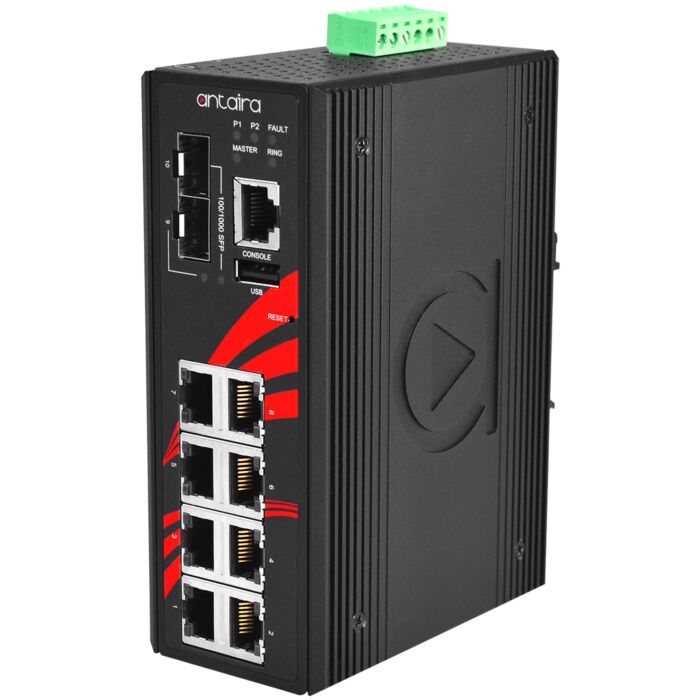 [LMP-1002G-SFP-T] ANTAIRA LMP-1002G-SFP-T Kytkin: 8 x 10/100/1000BaseT(X) PoE+, 2 x SFP  hallittavissa, DIN, 48–55 VDC, ATEX