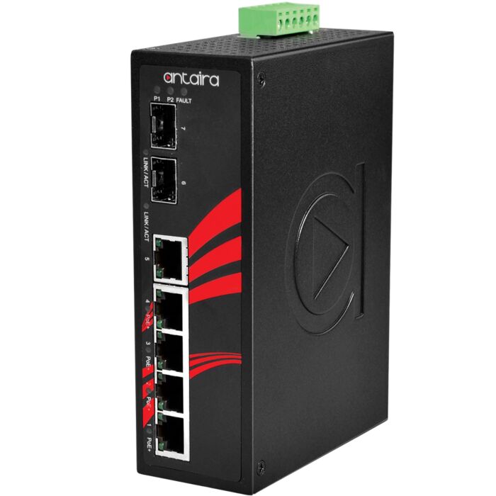 [LNP-0702G-SFP-24-T] ANTAIRA LNP-0702G-SFP-24-T Kytkin: 4 x 10/100/1000BaseT(X) PoE+, 1 x 10/100/1000BaseT(X), 2 x SFP, -40–80 °C, hallitsematon, DIN, 12–36 VDC