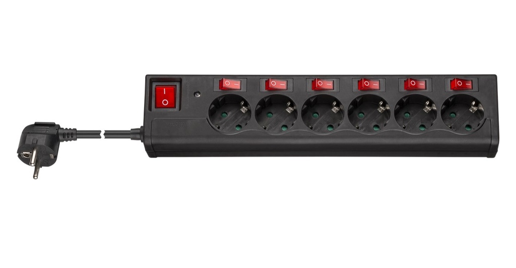 [72567] GOOBAY 72567 - Maadoitettu jatkojohto 6-osainen kosketussuojalla ja 7 virtakytkimellä  6 x CEE 7/3 1 x CEE 7/7  1,5m musta