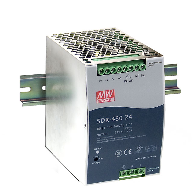 [SDR-480-24] MEAN WELL SDR-480-24 - DIN Kisko "Slim" Virtalähde Metalli kuori 24V 20A 480W