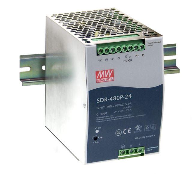 [SDR-480P-24] MEAN WELL SDR-480P-24 - DIN Kisko "Slim" Virtalähde Metalli kuori 24V 20A 480W
