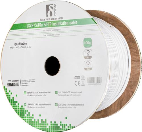 [TP-50C] Deltaco TP-50C CAT6a, LSZH, YKSISÄIKEINEN VERKKOKAAPELI CU, F/FTP, VALKOINEN  - KELA 100m