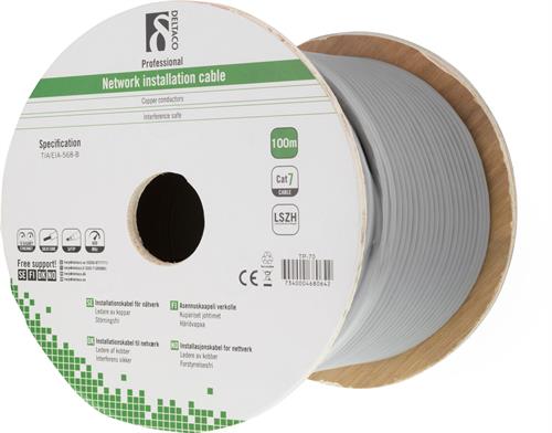 [TP-70] Deltaco TP-70 CAT7, LSZH, YKSISÄIKEINEN VERKKOKAAPELI CU, S/FTP, HARMAA - KELA 100m