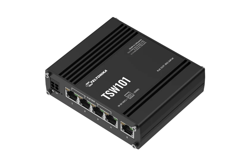 [TSW101000000] Teltonika TSW101 - Matala syöttöjännitteinen 5-porttinen gigabitin Ethernet kytkin POE+