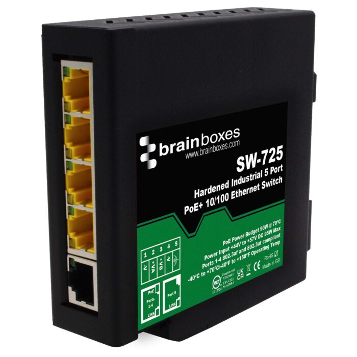 BRAINBOX SW-725 Kestävä teollinen 5-porttinen PoE+ 10/100 Ethernet-kytkin