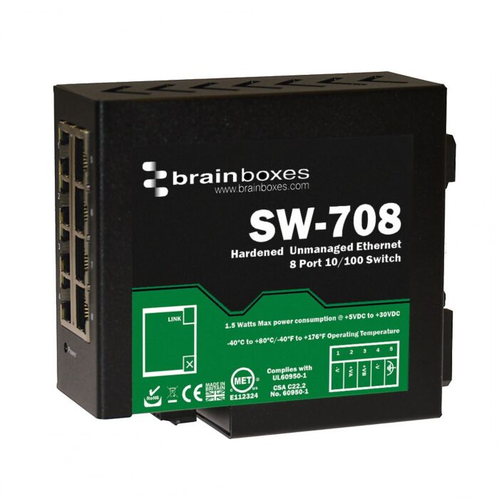 BRAINBOX SW-708 Kestävä teollinen 8-porttinen 10/100 Ethernet-kytkin