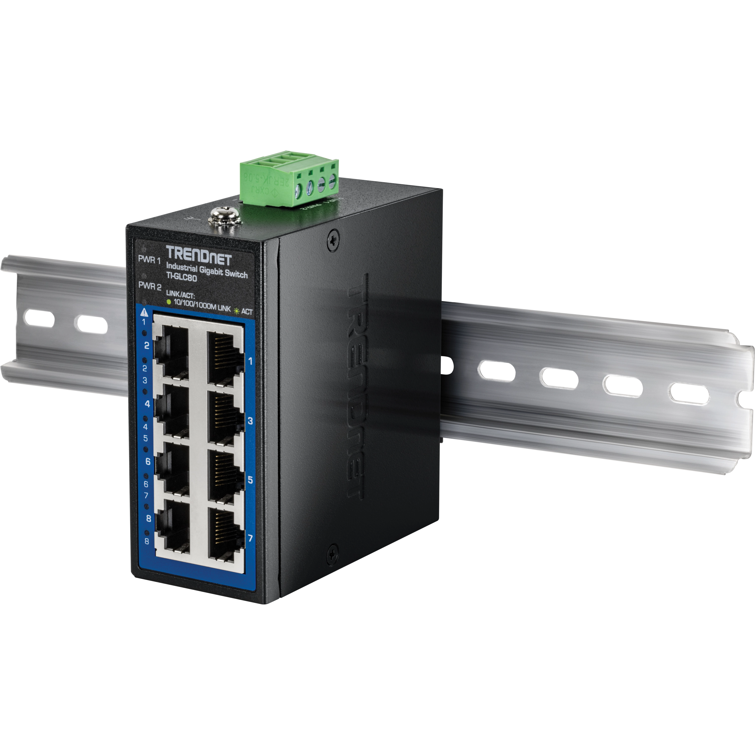 TRENDNET TI-GLC80 8-porttinen teollinen Gigabit DIN-kisko minikytkin IP50