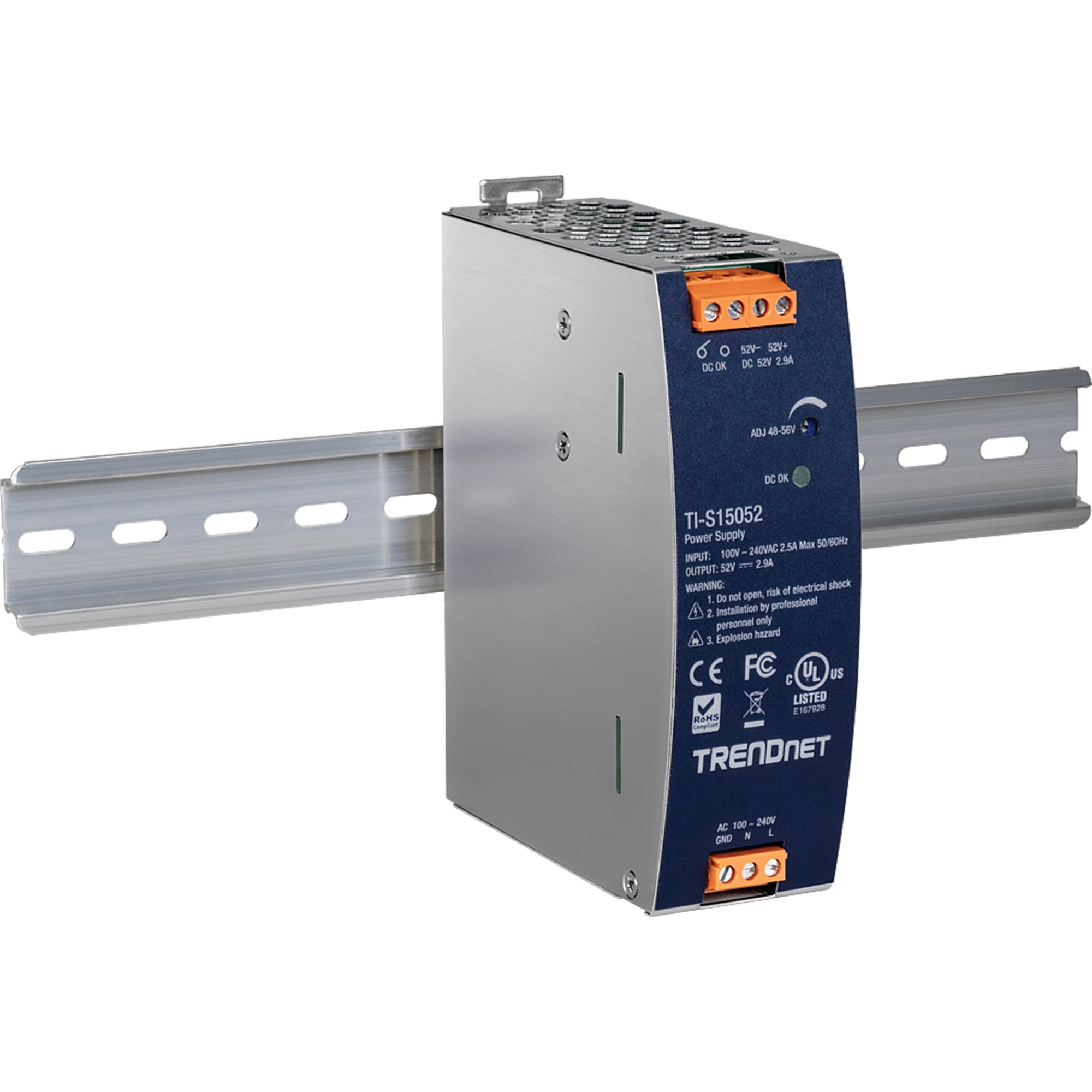 TRENDNET TI-S15052 150W - 52V DC - 2,89A AC–DC DIN-kisko teholähde PFC-toiminnolla