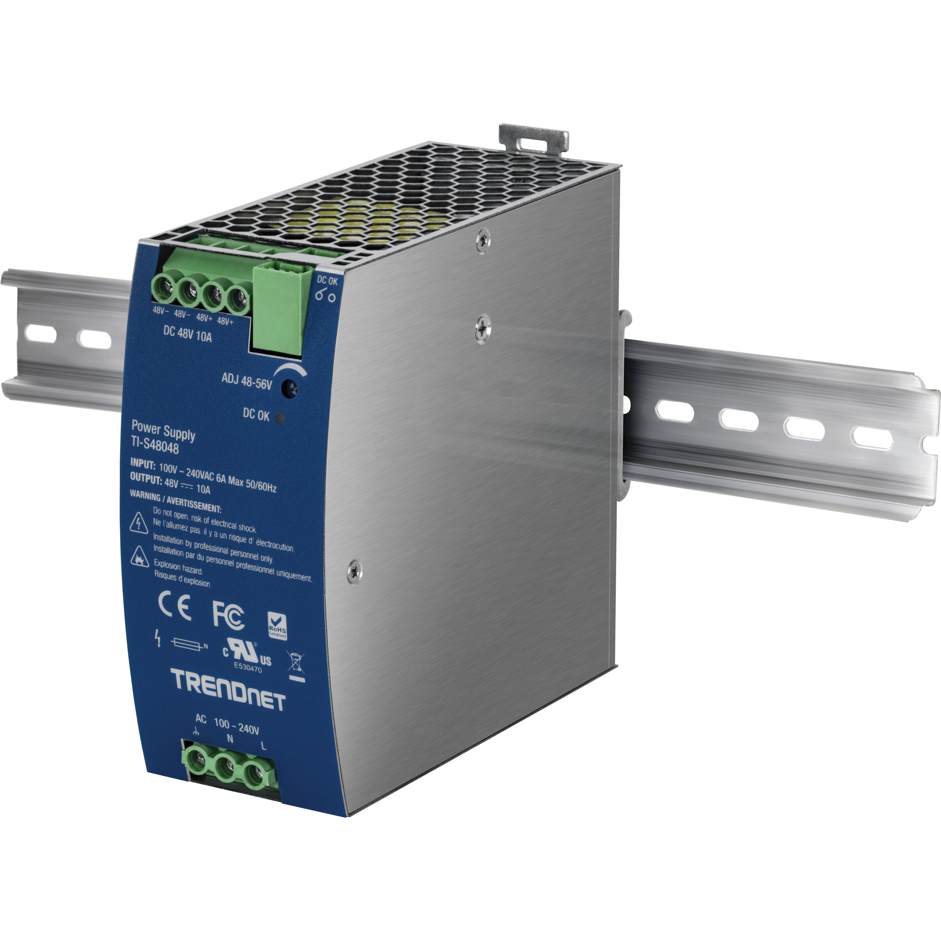 TRENDNET TI-S48048 480W - 48–56V DC - 10A AC–DC DIN-kisko teholähde PFC-toiminnolla