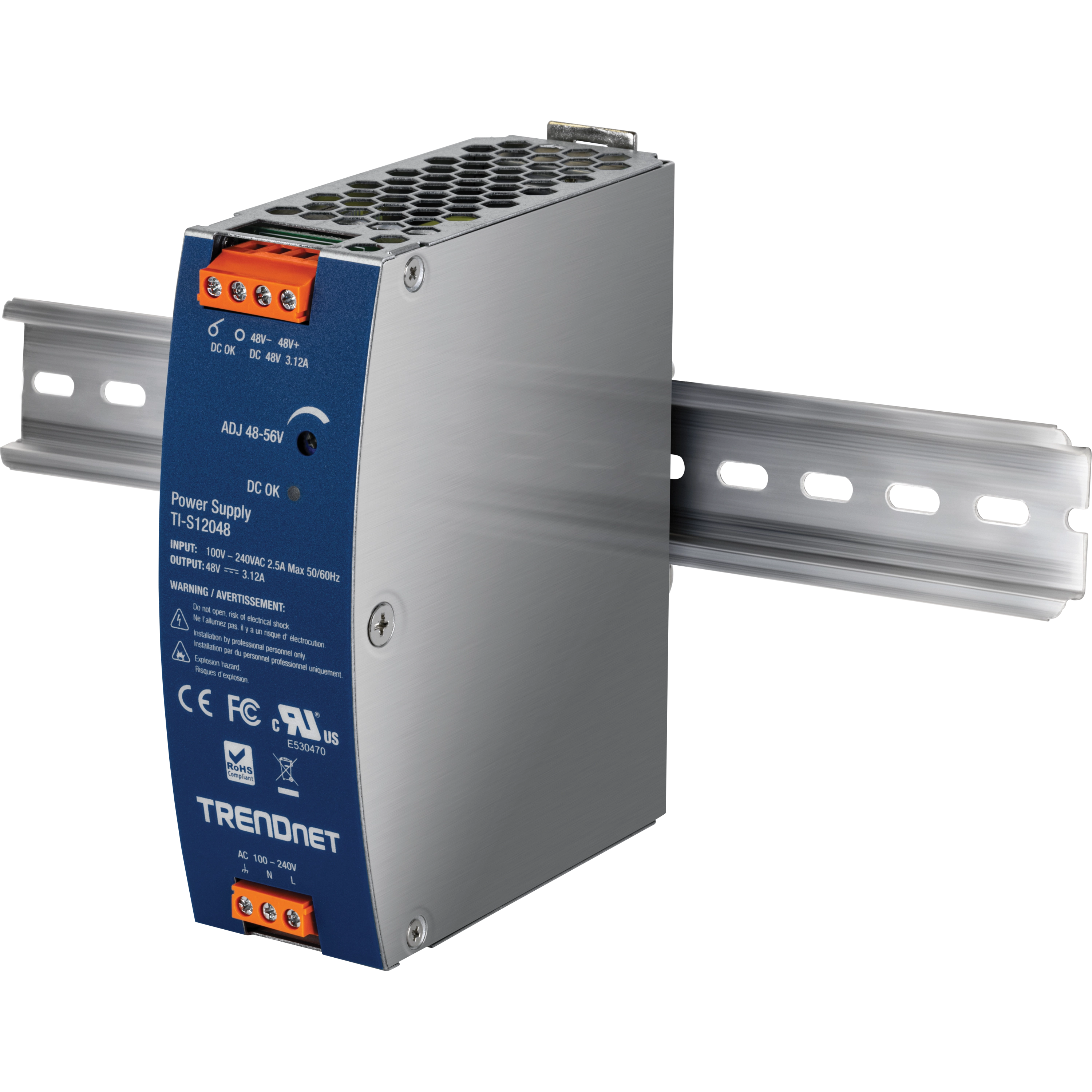 TRENDNET TI-S12048 150W - 48–56V DC - 3,12A AC–DC DIN-kisko teholähde PFC-toiminnolla
