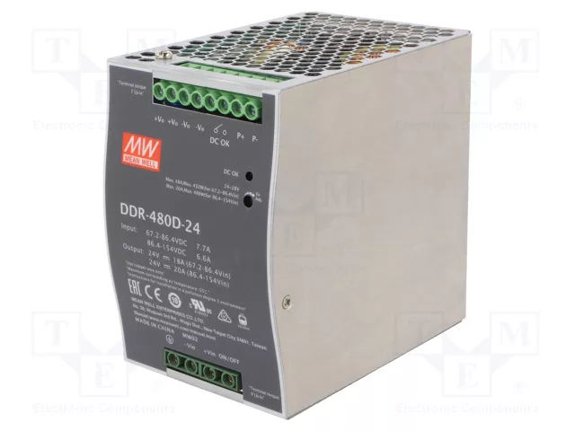 [DDR-480D-24] MEAN WELL DDR-480D-24 - Teholähde DIN-kisko 67.2VDC-154VDC, 24VDC 20A 480W